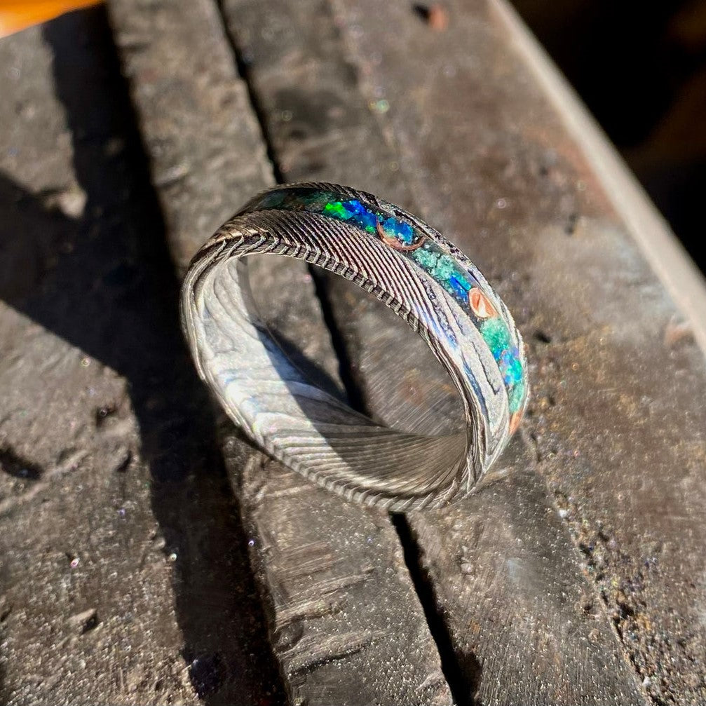 Damascus Steel, Green Jade, Opal and Copper Ring