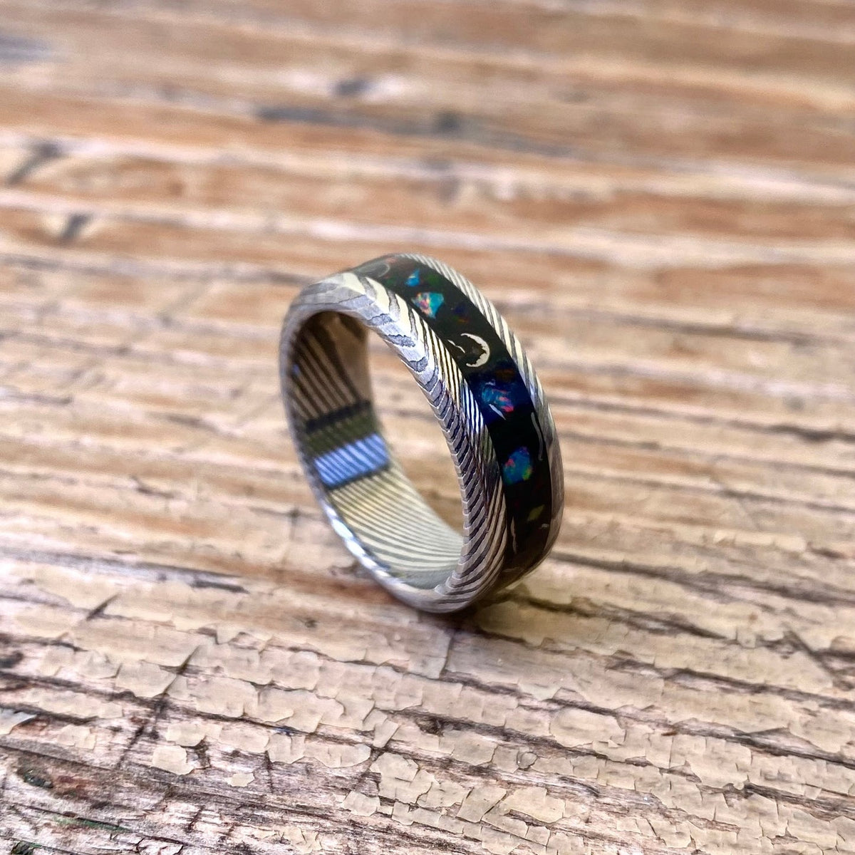 Meteorite, Opal and Damascus Steel Ring