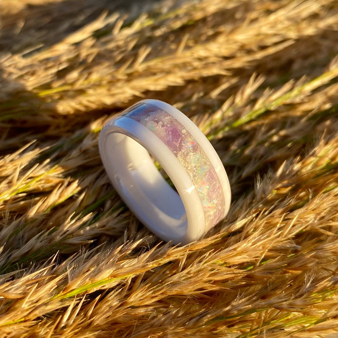 White Ceramic, Amethyst, Opal and Silver Leaf Ring