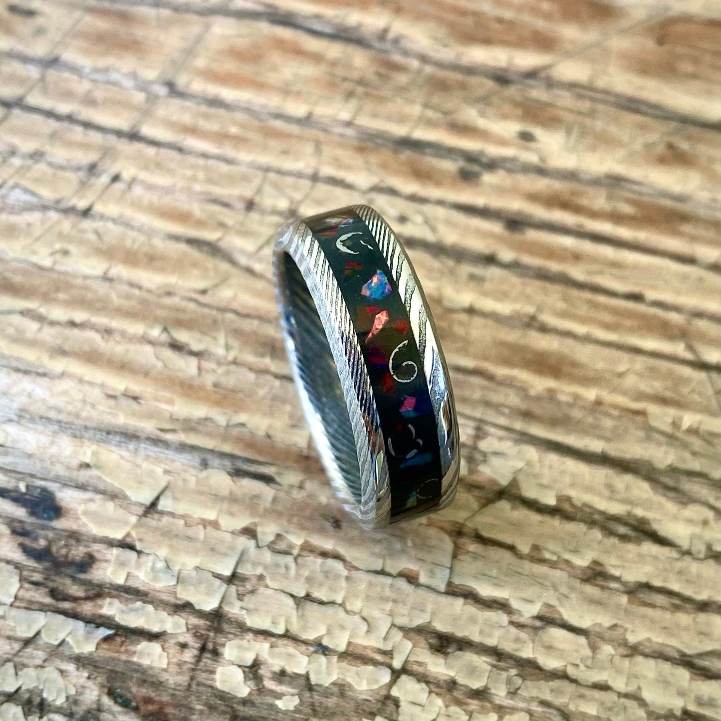 Meteorite, Opal and Damascus Steel Ring