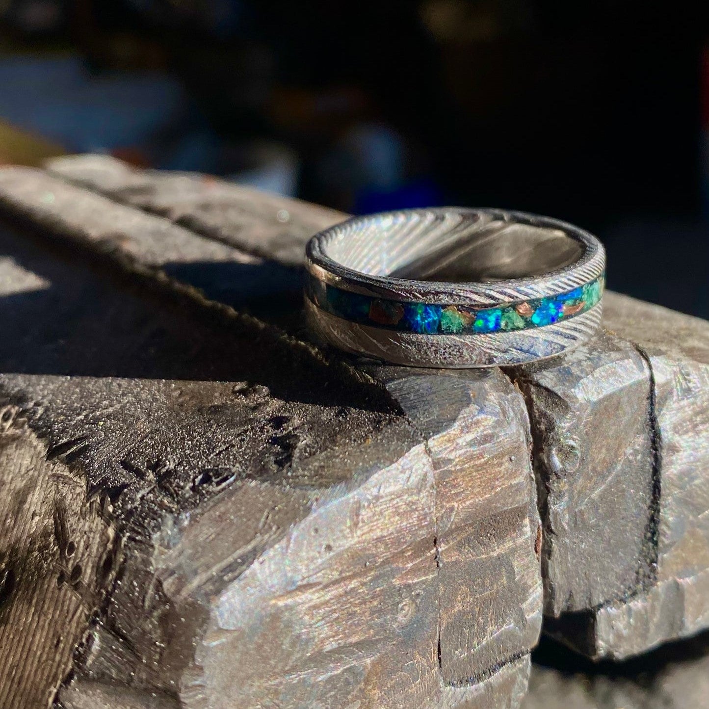 Damascus Steel, Green Jade, Opal and Copper Ring