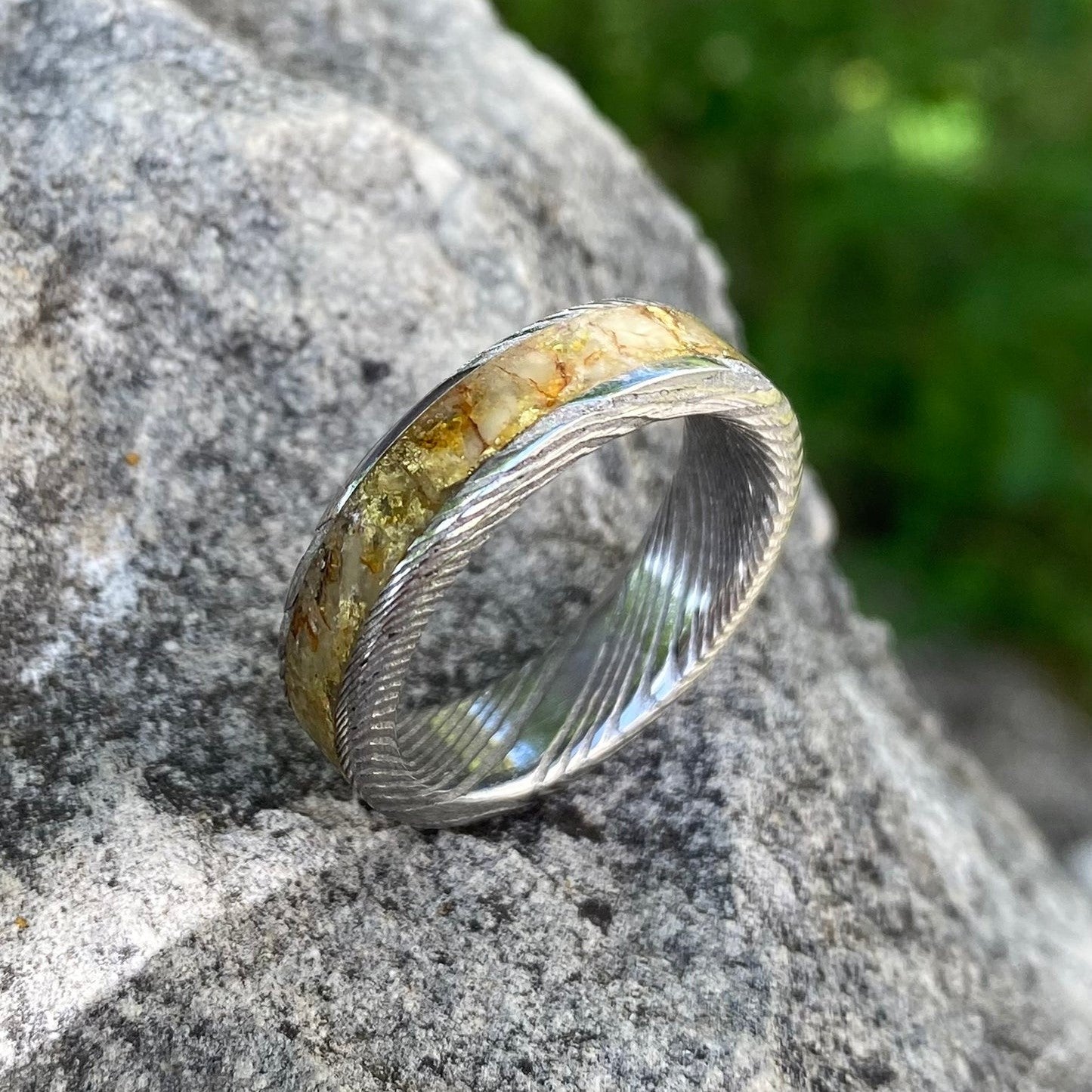 Damascus Steel, Amber and Gold Leaf Ring