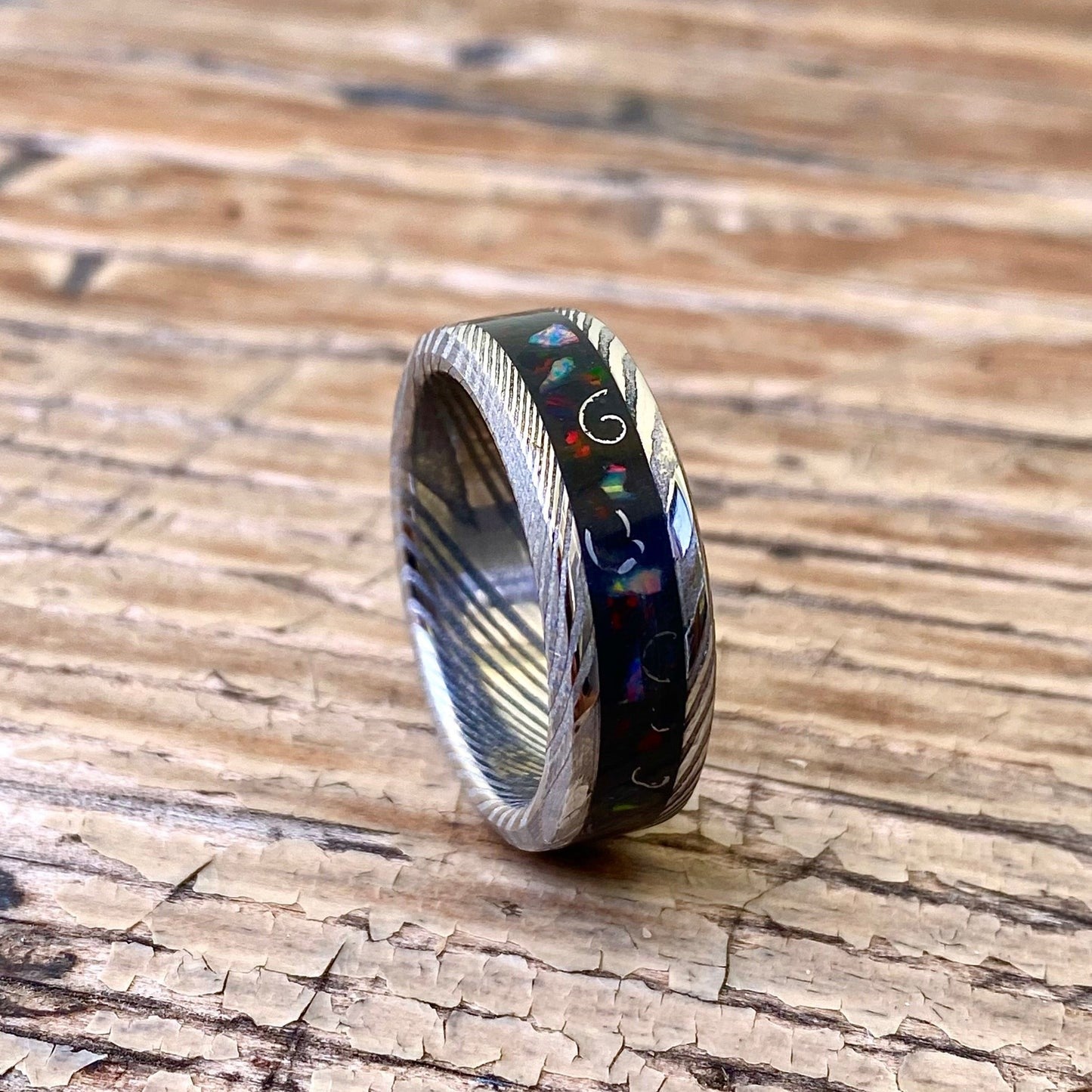 Meteorite, Opal and Damascus Steel Ring