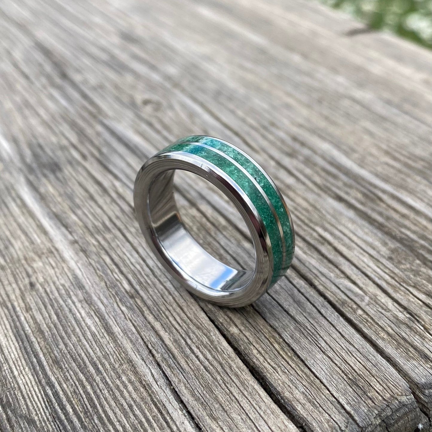 Green Jade and Titanium Ring with Double Inlay