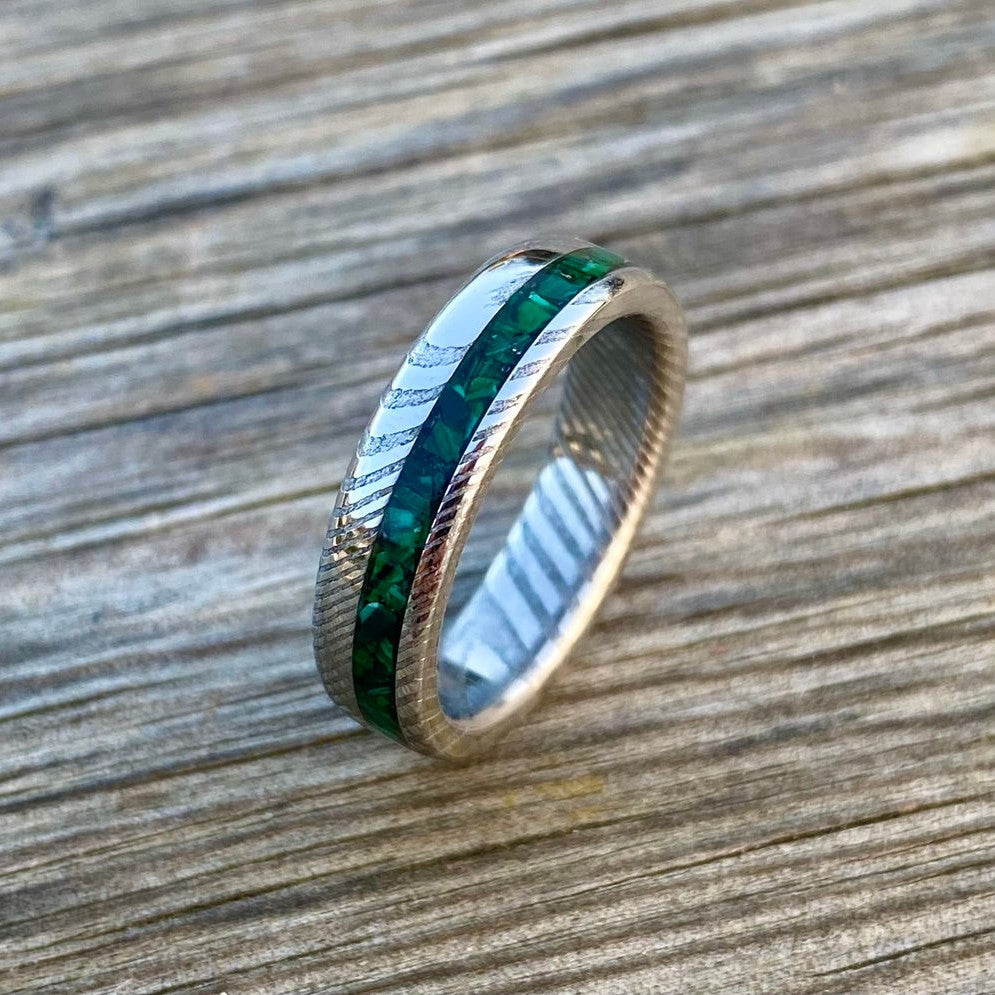 Damascus Steel and Malachite Ring with Side Inlay