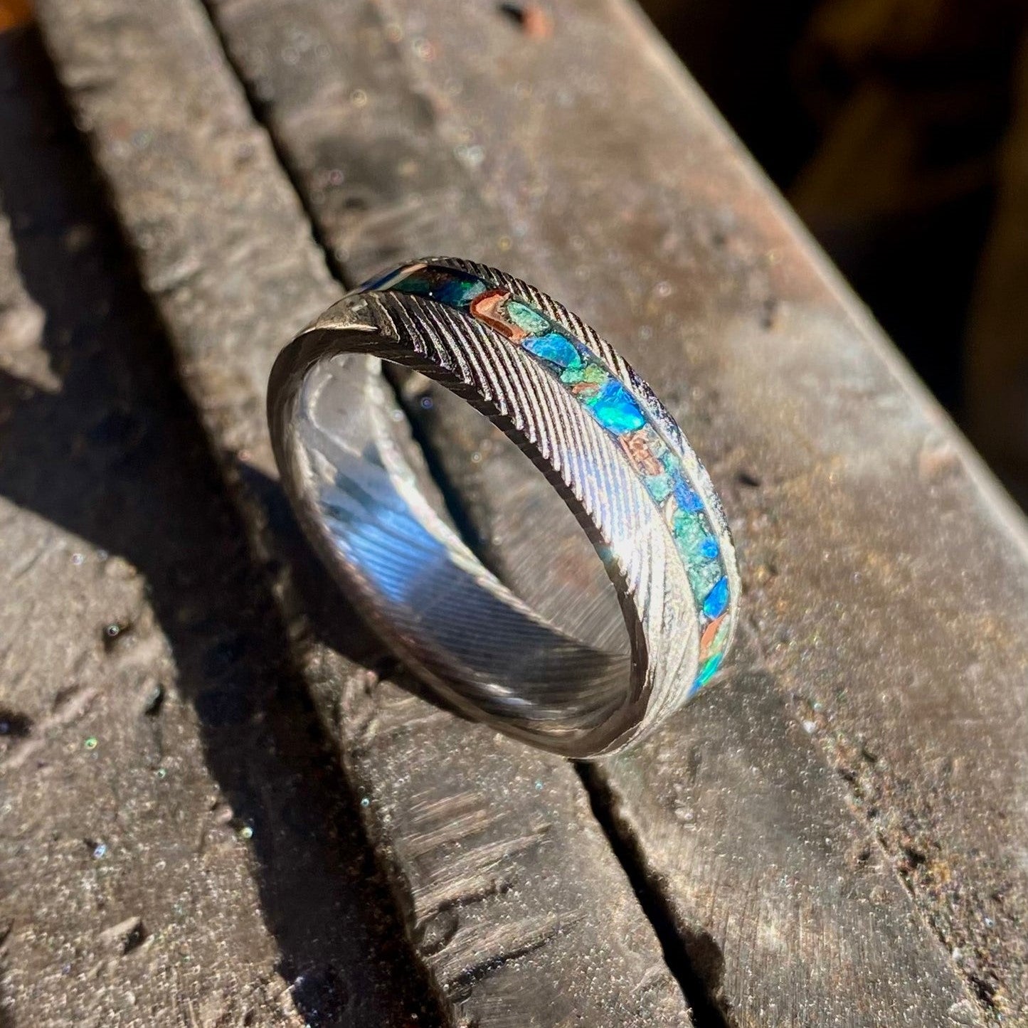 Damascus Steel, Green Jade, Opal and Copper Ring