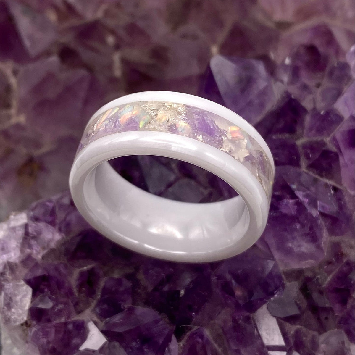 White Ceramic, Amethyst, Opal and Silver Leaf Ring