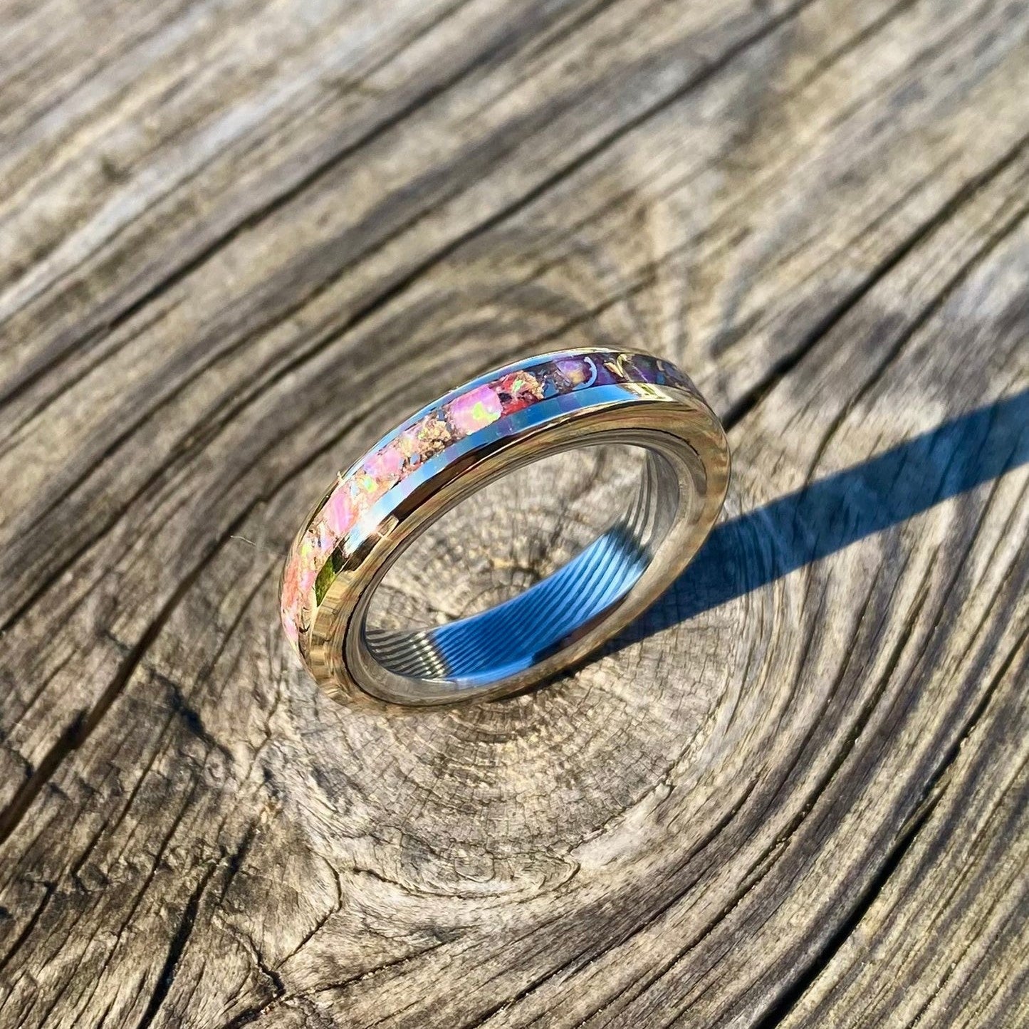 Anello di Mokume Gane, Acciaio Damasco ed Opale