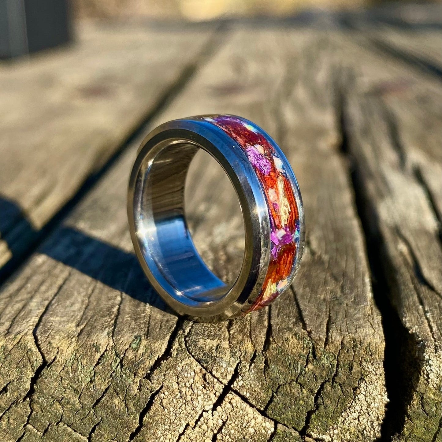 Titanium, Opal, Padauk Wood and Tiger's Eye Ring