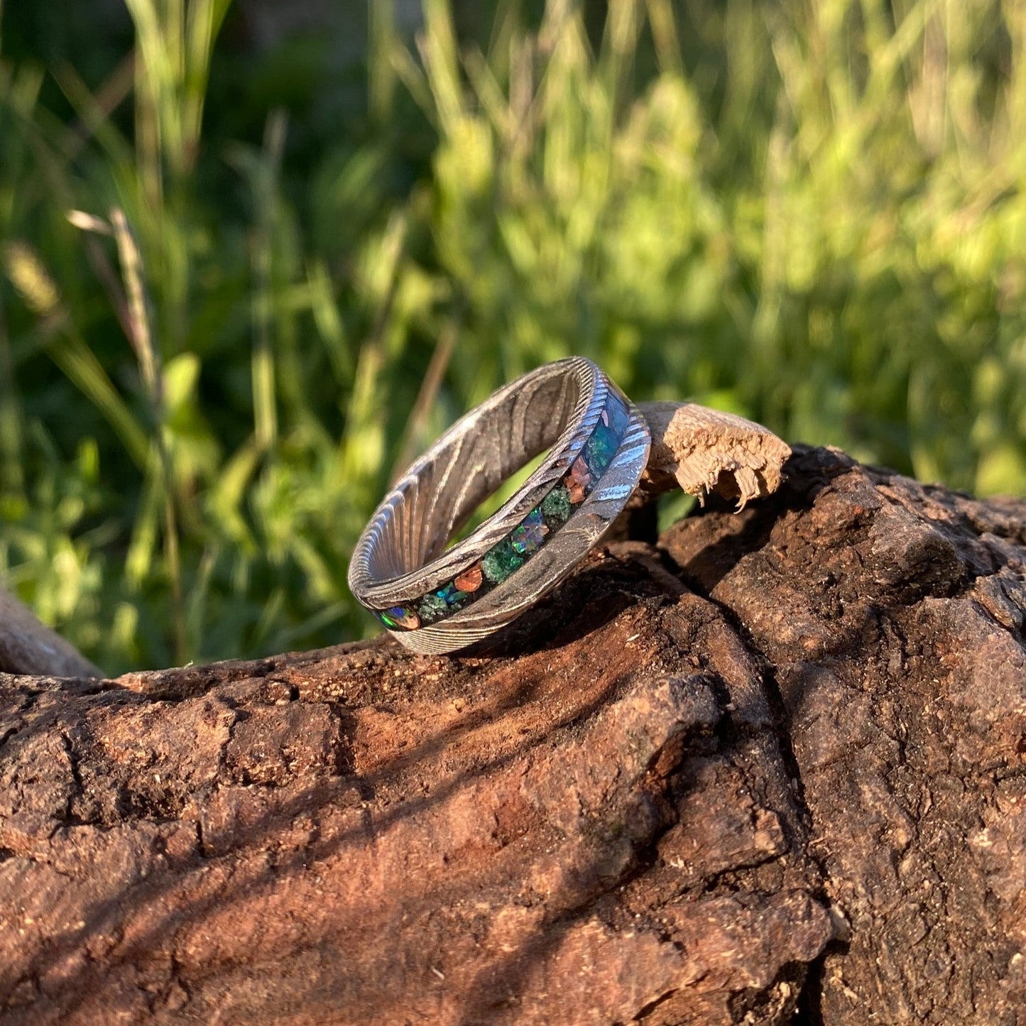 Damascus Steel, Green Jade, Opal and Copper Ring