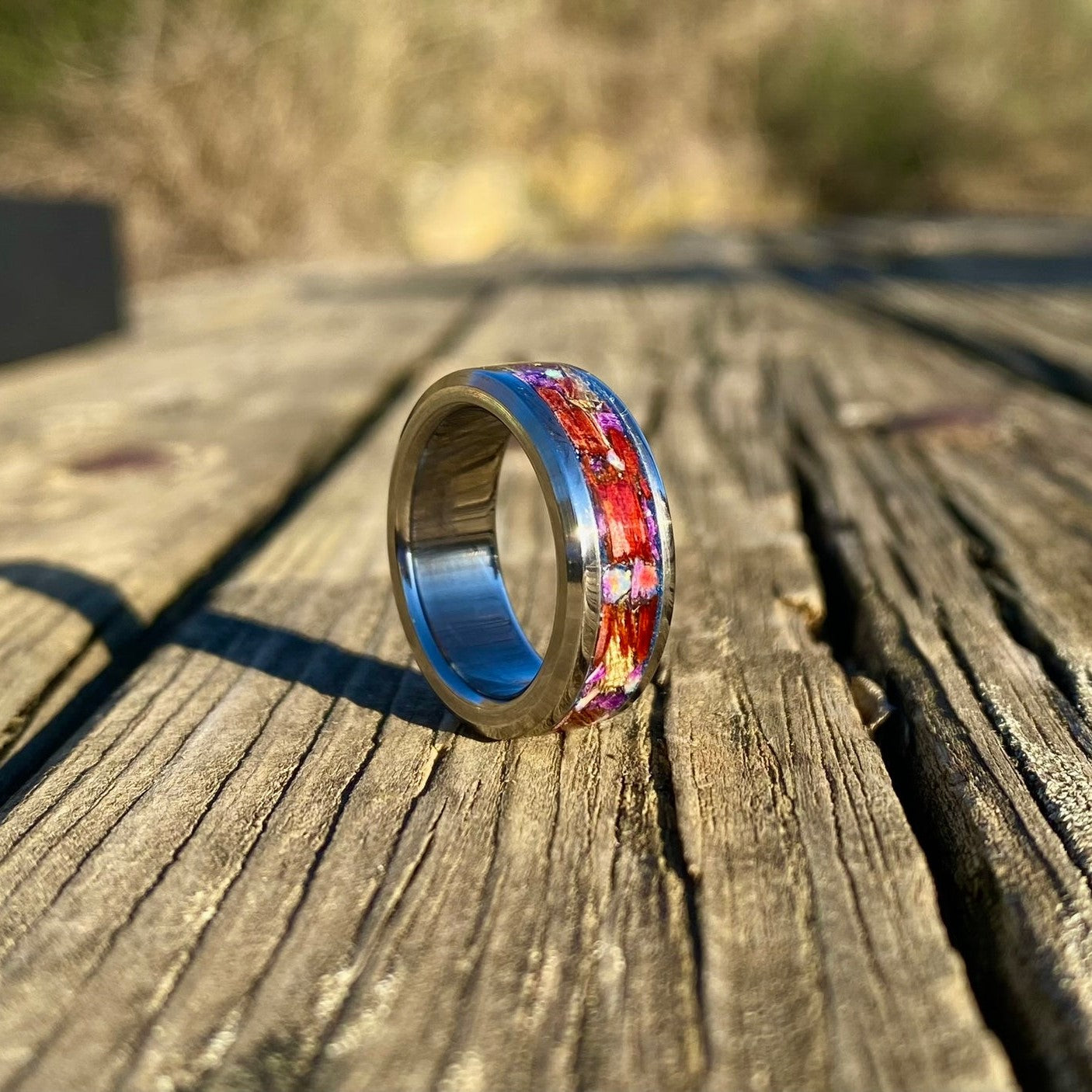 Titanium, Opal, Padauk Wood and Tiger's Eye Ring