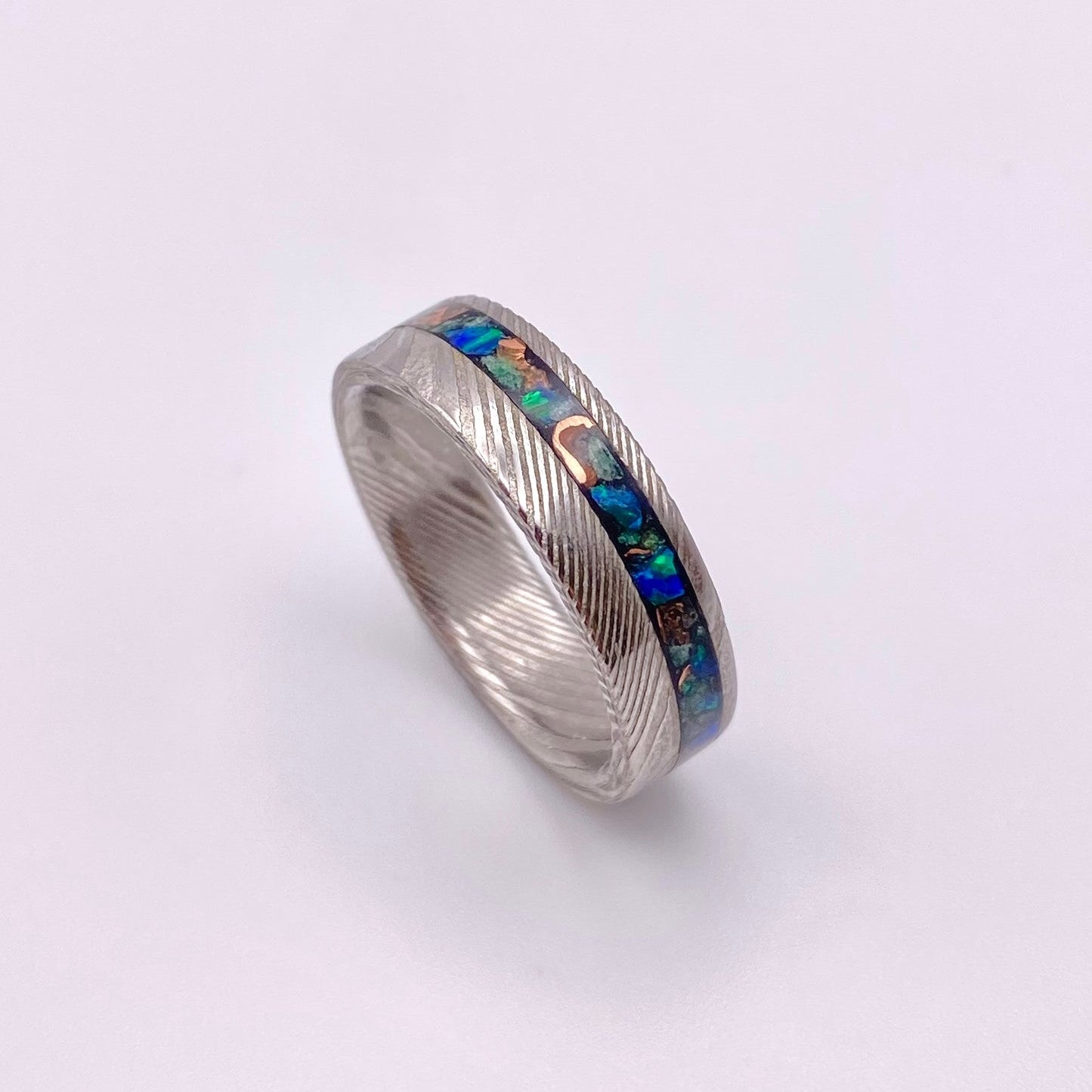 Damascus Steel, Green Jade, Opal and Copper Ring