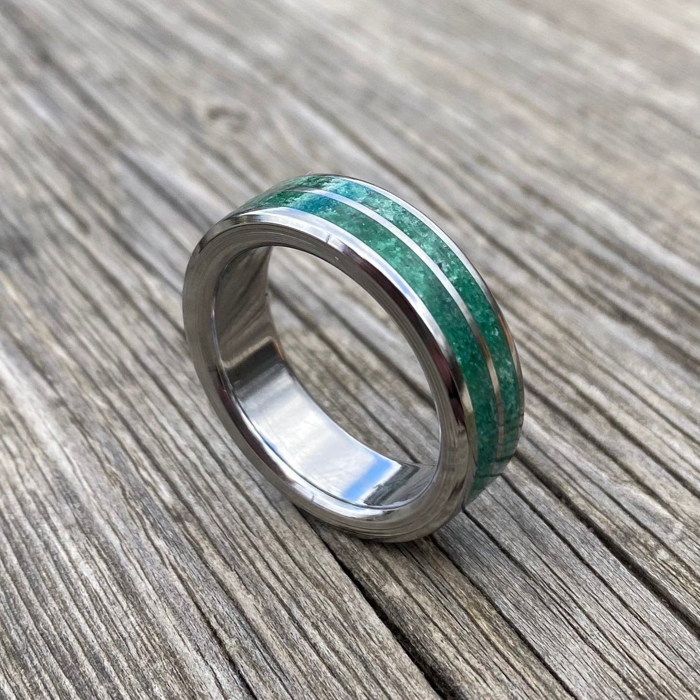 Green Jade and Titanium Ring with Double Inlay