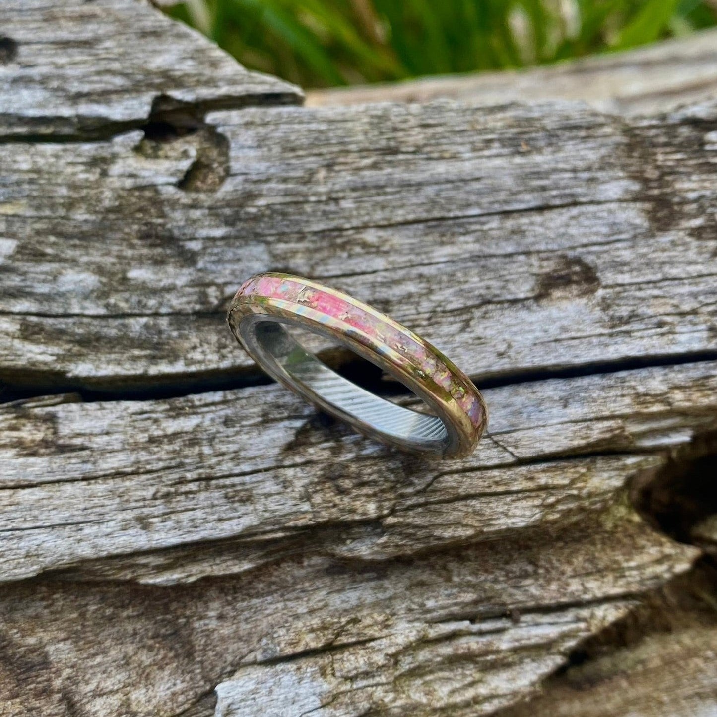 Mokume Gane Ring, Damascus Steel and Opal