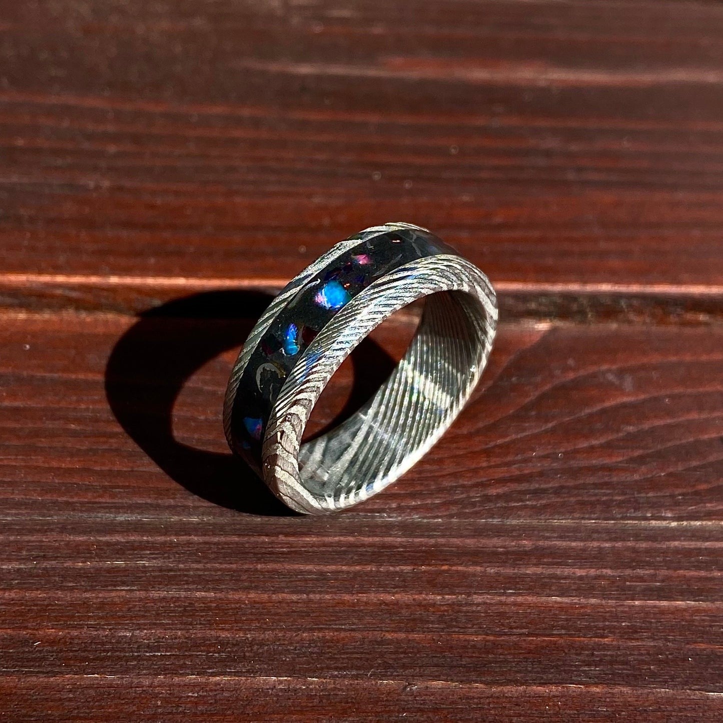 Meteorite, Opal and Damascus Steel Ring