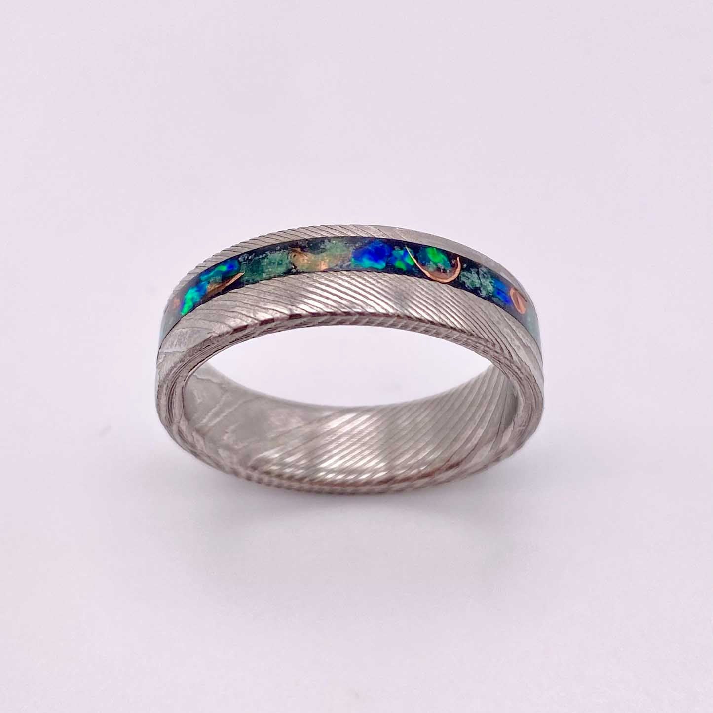 Damascus Steel, Green Jade, Opal and Copper Ring