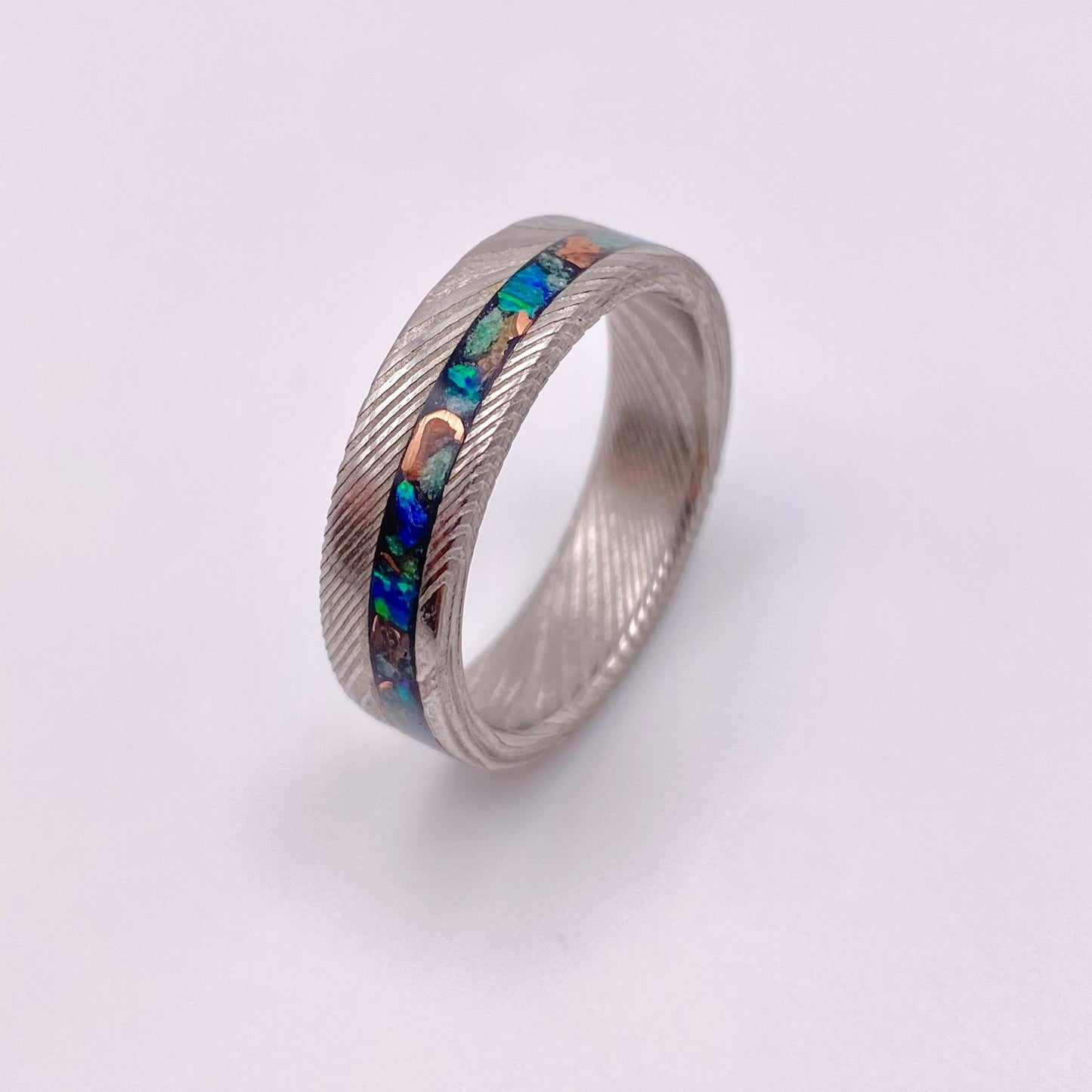 Damascus Steel, Green Jade, Opal and Copper Ring