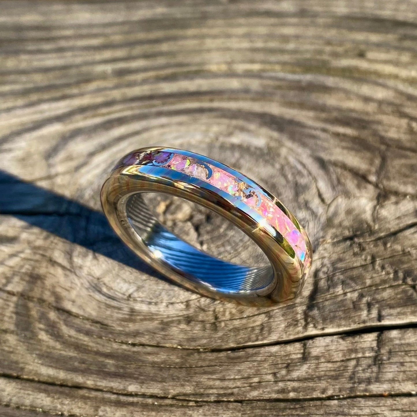 Mokume Gane Ring, Damascus Steel and Opal